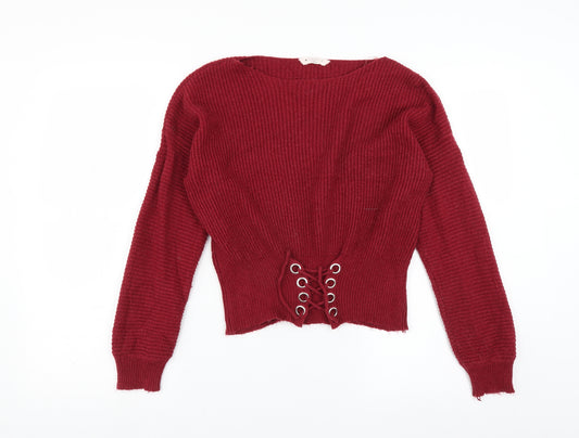 Front view of Candy Couture girls’ red jumper, size 15, years - lace up detail