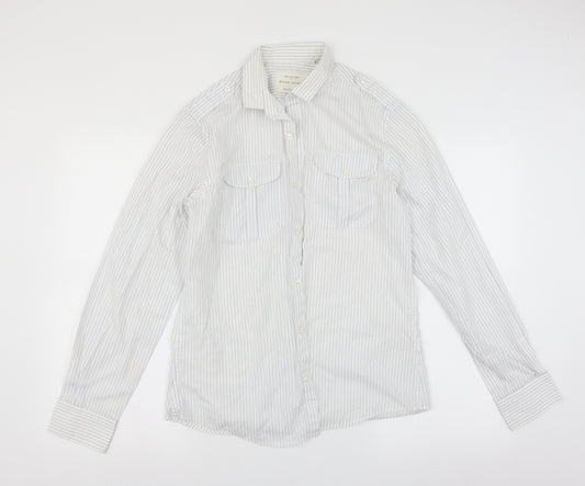 Front view of River Island men’s white striped button-up, size M