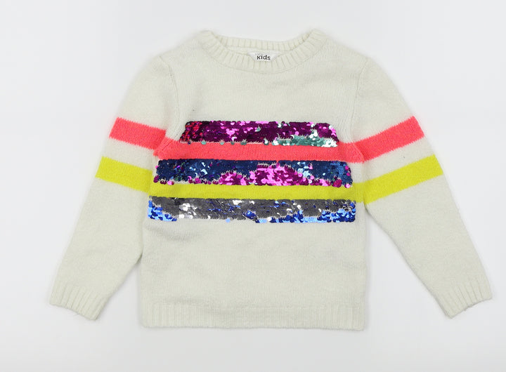 M&Co Girls White Striped Pullover Jumper Size 3-4 Years
