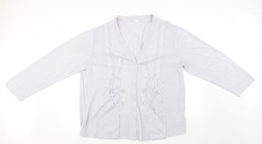 Front view of Preworn women’s grey cardigan jumper, size UK 22