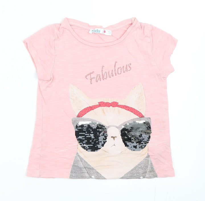 M&Co Girls Pink Basic T-Shirt Size 5-6 Years - Cat