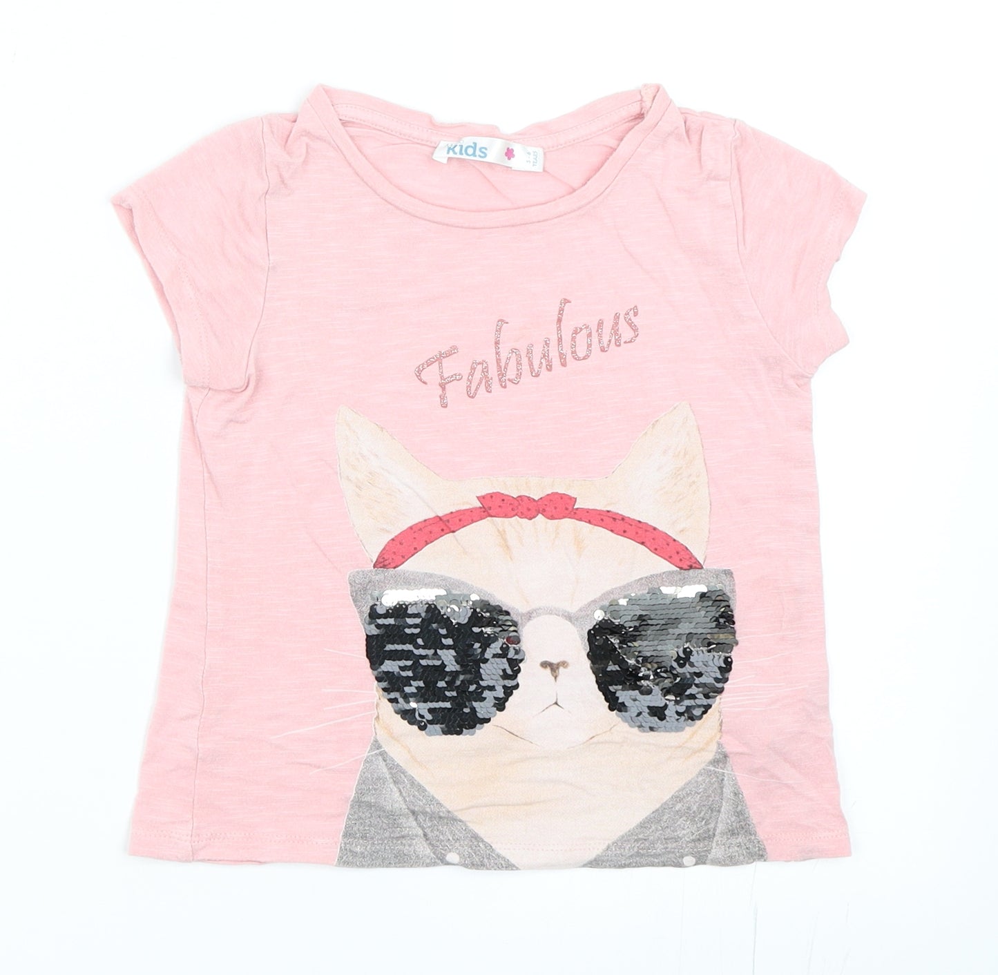 M&Co Girls Pink   Basic T-Shirt Size 5-6 Years  - Cat
