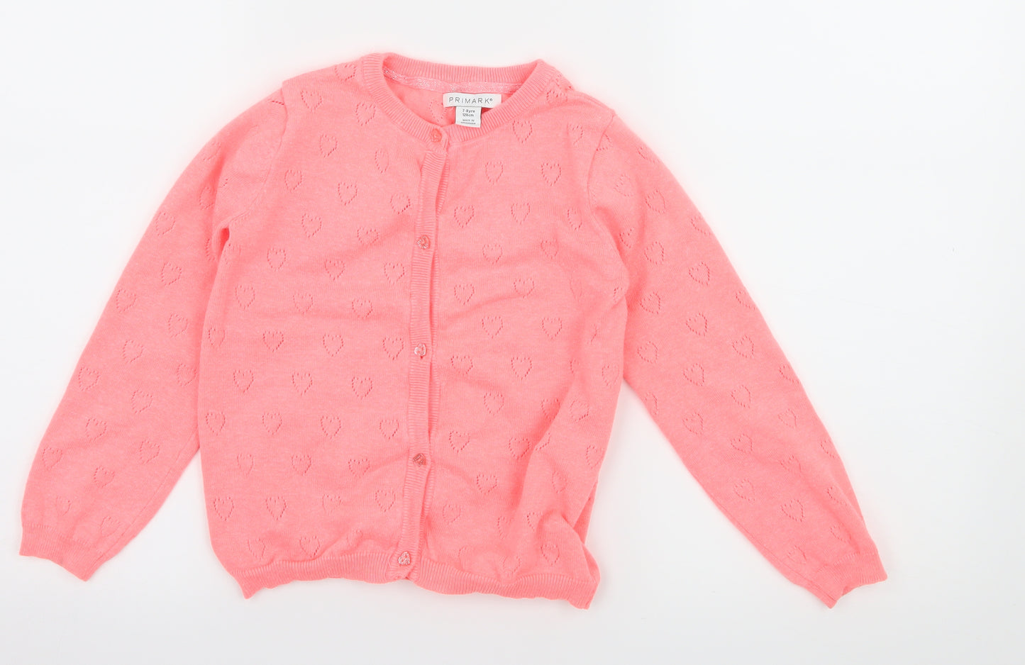 Primark Girls Pink Geometric Knit Cardigan Jumper Size 7-8 Years  - Love Heart