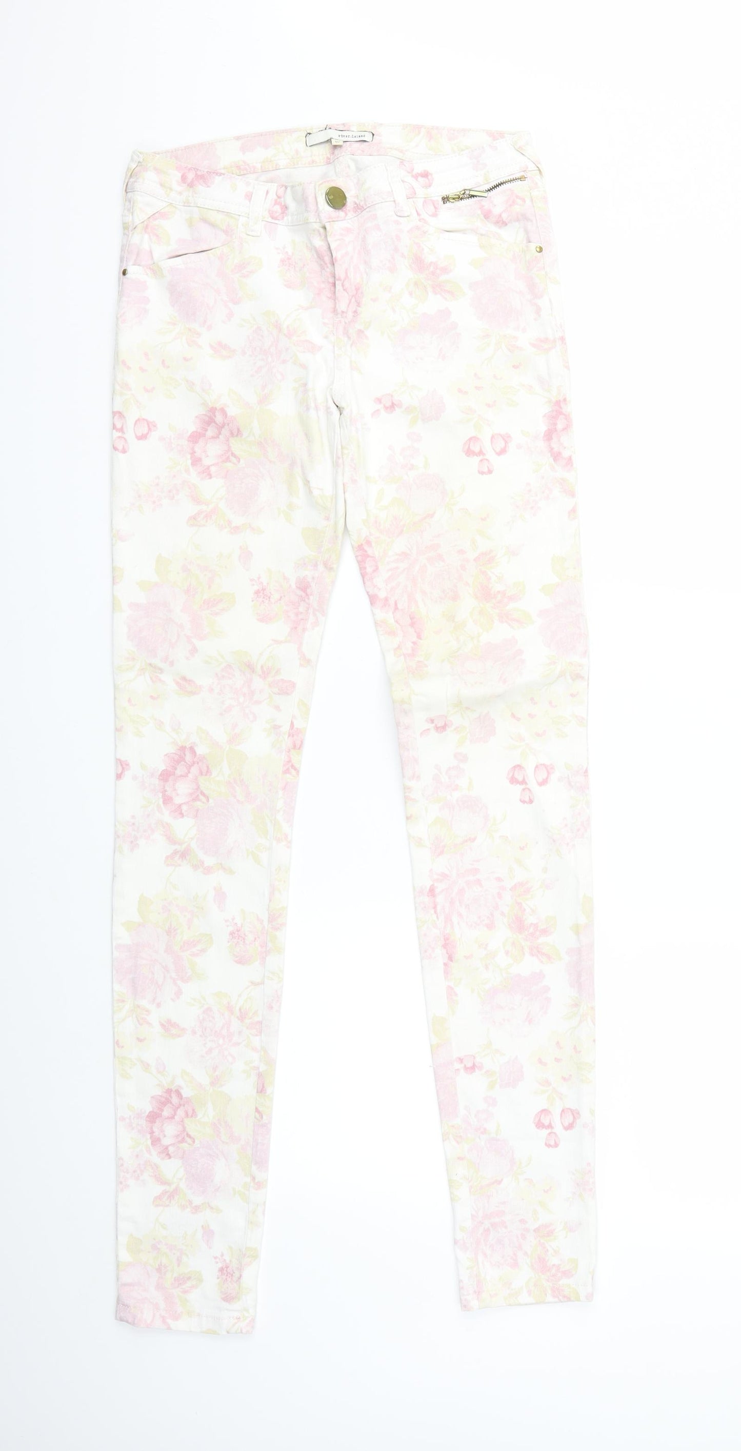 River Island Womens White Floral Denim Skinny Jeans Size 10 L31 in