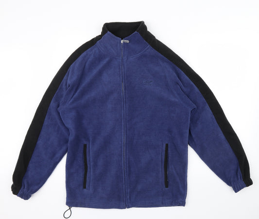 Front view of cotton trade men’s blue jacket, size S, - zip pockets