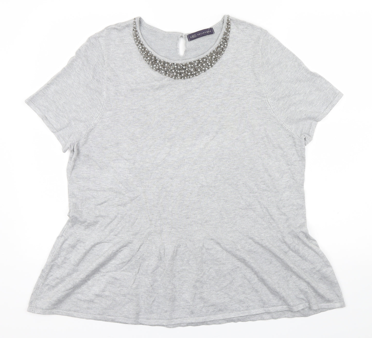 M&S Womens Grey   Basic T-Shirt Size 20  - beaded neck line