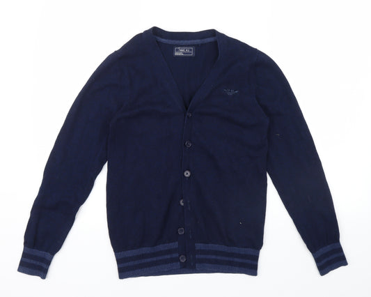 Front view of Next girls’ blue colourblock cardigan jumper, size 10-11, years