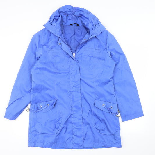 Front view of Bonmarché women’s blue overcoat jacket, size UK 12