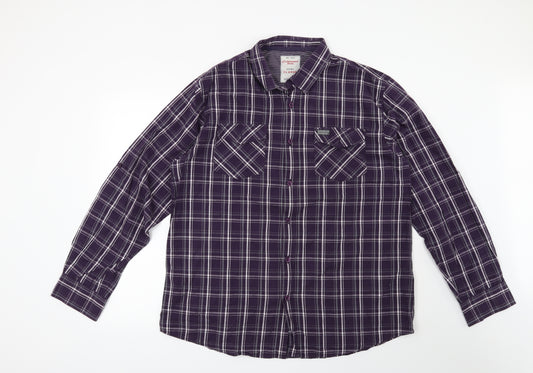 Front view of Cedarwood State men’s purple check button-up, size XL
