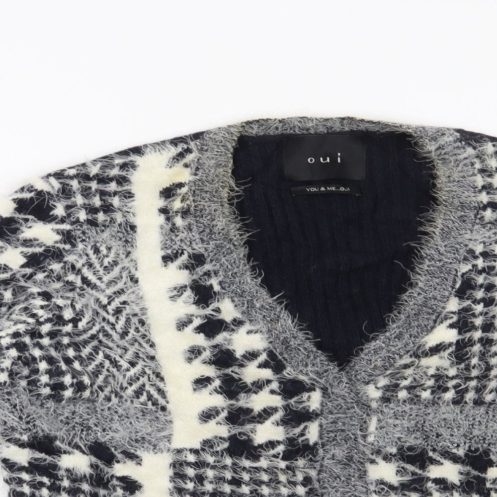 Oui Womens Blue Houndstooth  Cardigan Jumper Size 10