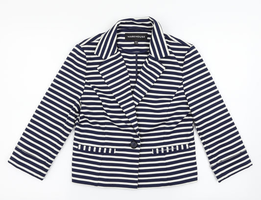 Front view of Warehouse women’s multicoloured striped jacket blazer, size UK 12