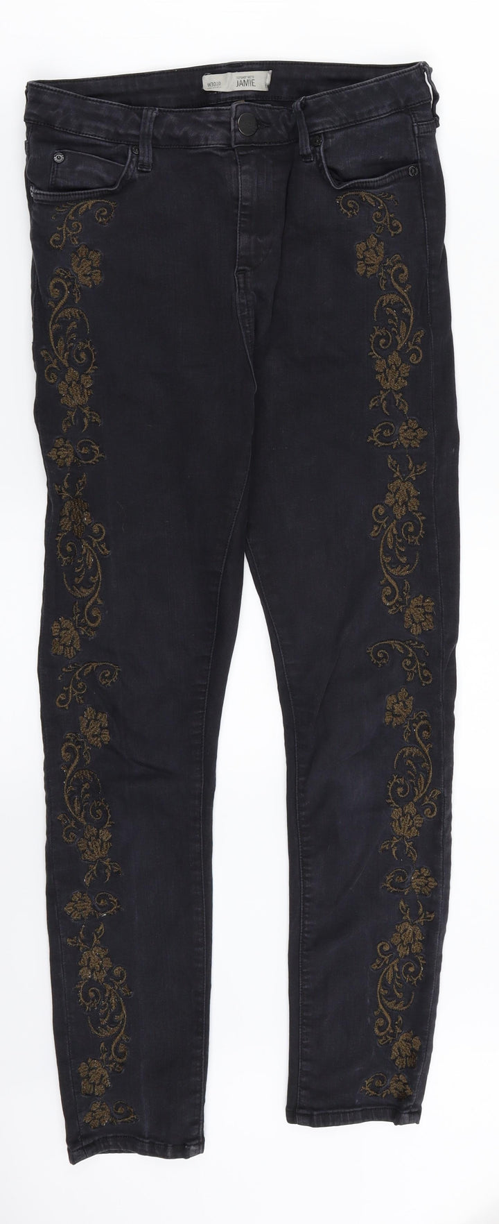 Topshop Womens Black Floral Denim Straight Jeans Size 30 in L32 in