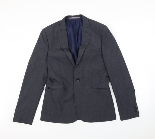 Front view of Preworn men’s blue jacket blazer, size S, - shoulder pads