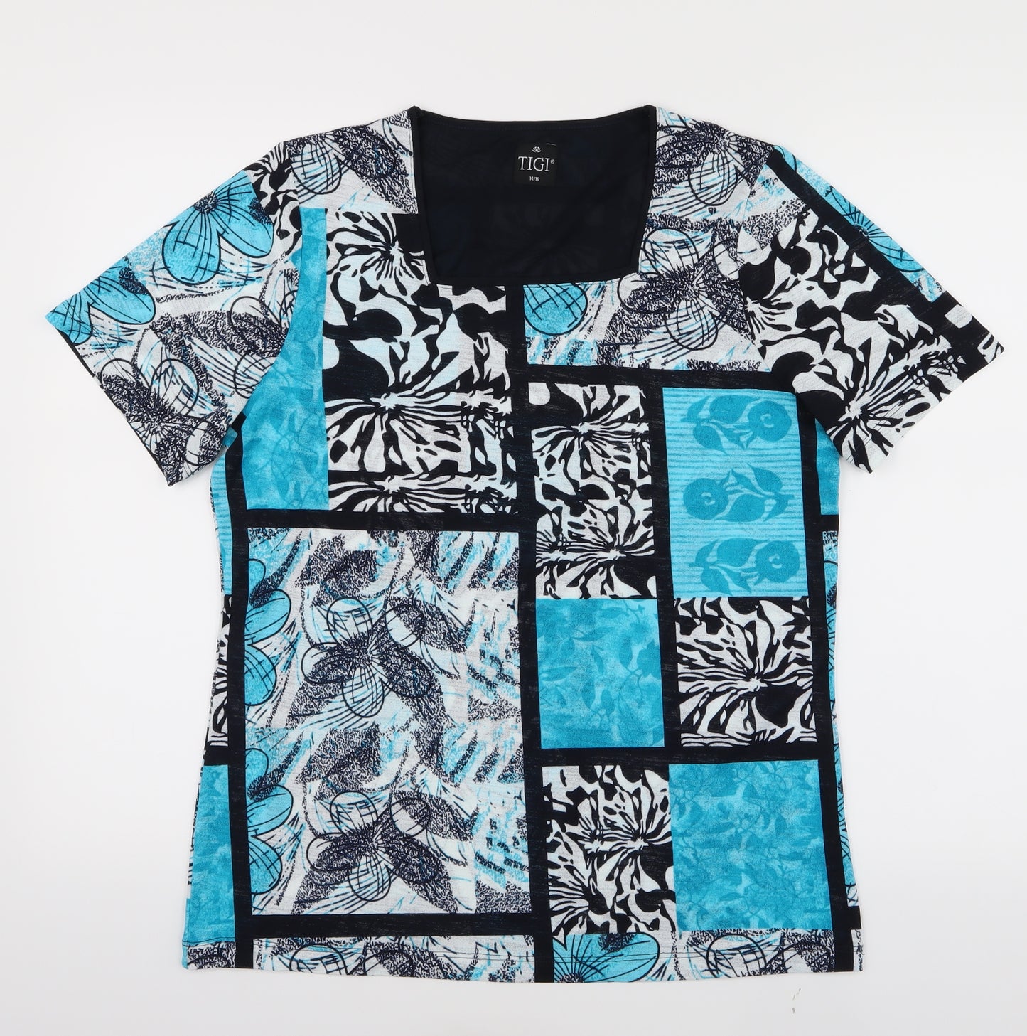 tigi Womens Blue Floral  Basic Blouse Size 14