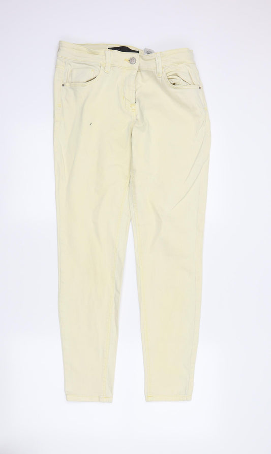 Front view of Next women’s yellow denim skinny jeans, size UK 12, 29-inch leg