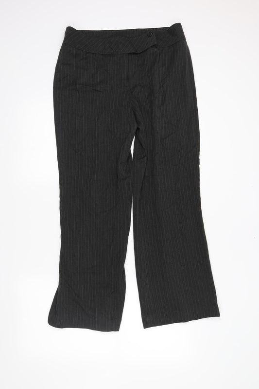 Front view of Debenhams women’s grey striped trousers, size UK 12, 27-inch leg