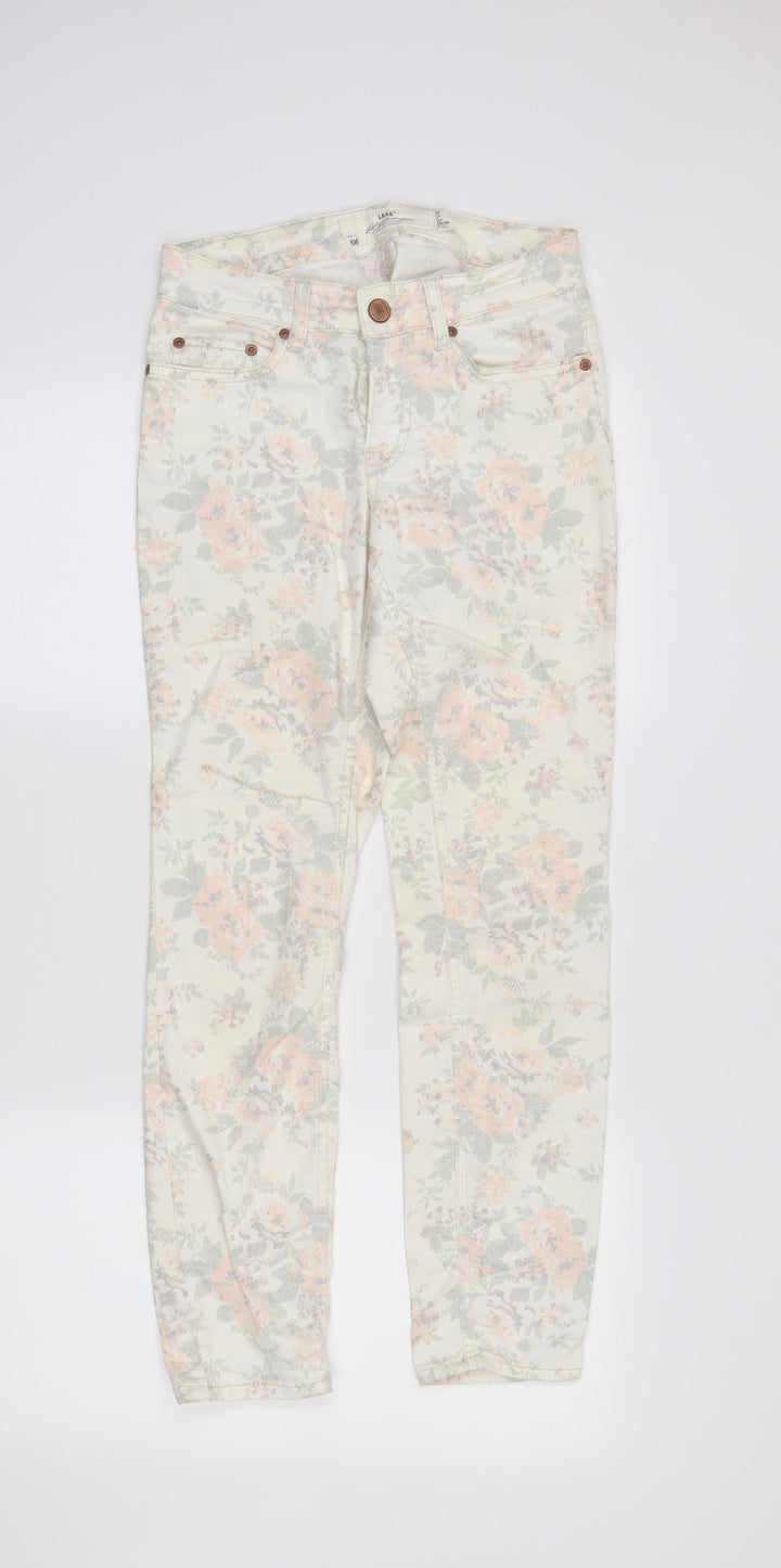 H&M Womens Ivory Floral Denim Skinny Jeans Size 8 L28 in