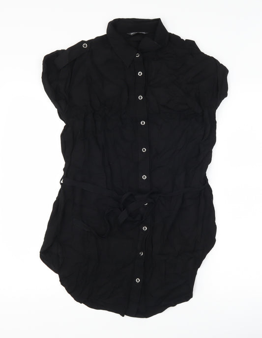 Front view of Marks & Spencer women’s black basic button-up, size UK 8, - longline