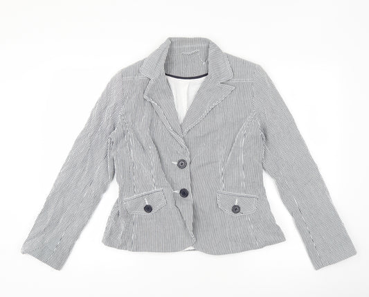 Front view of New Look women’s blue striped jacket suit jacket, size UK 14