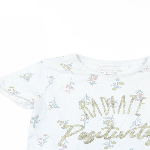 Primark Girls Blue Floral  Basic T-Shirt Size 7-8 Years  - slogan