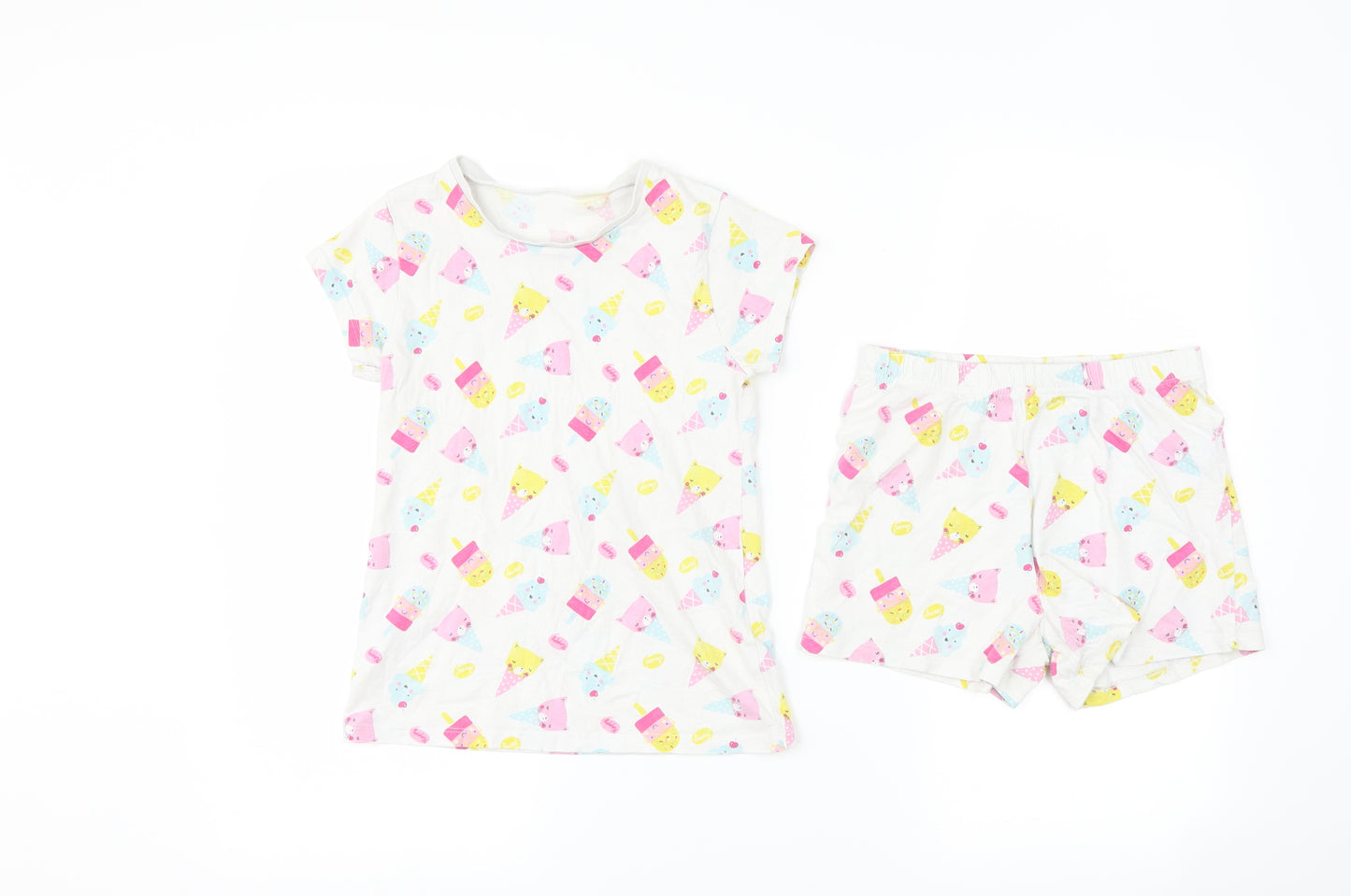 George Girls White   Top Pyjama Set Size 7-8 Years  - cat icecream