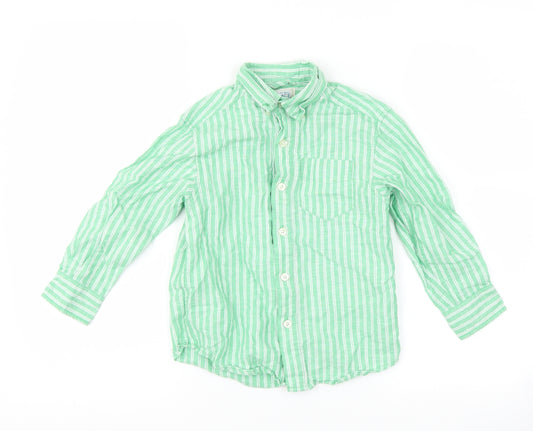 Front view of The Children's Place boys’ green striped basic button-up, size 4, years