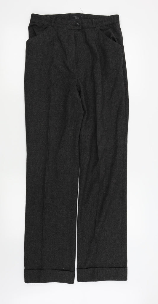 Front view of lifestyle brax men’s grey trousers, size 28, in, 30-inch leg
