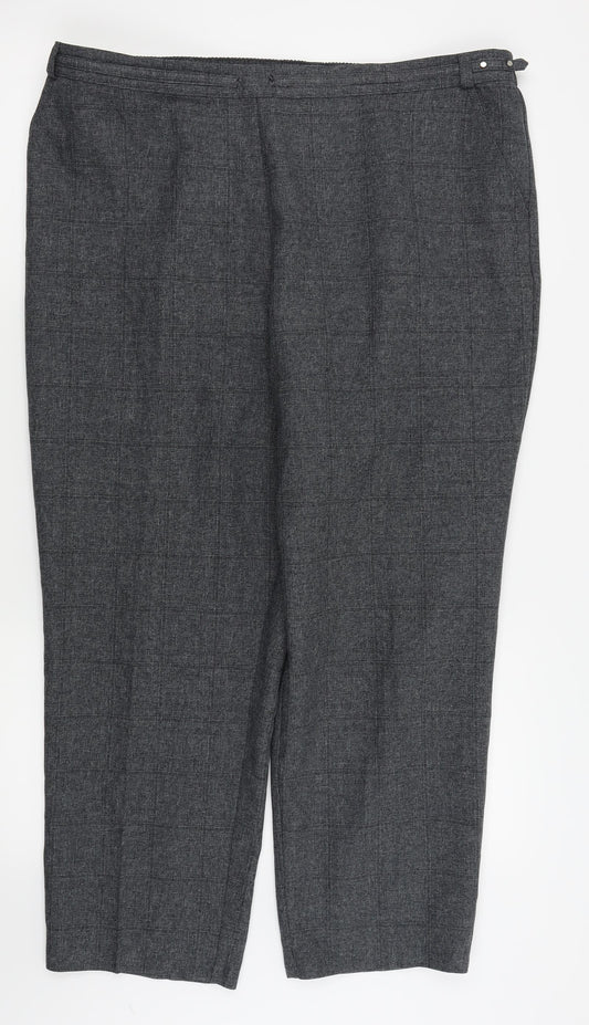 Front view of Preworn women’s grey check trousers, size UK 34, in, 24-inch leg