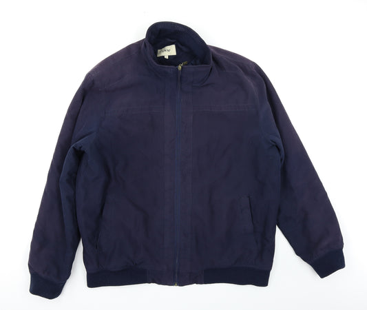 Front view of EWM men’s blue bomber jacket coat, size L