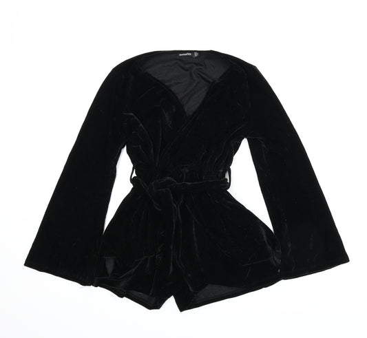 Front view of Boohoo women’s black romper one-piece, size UK 6