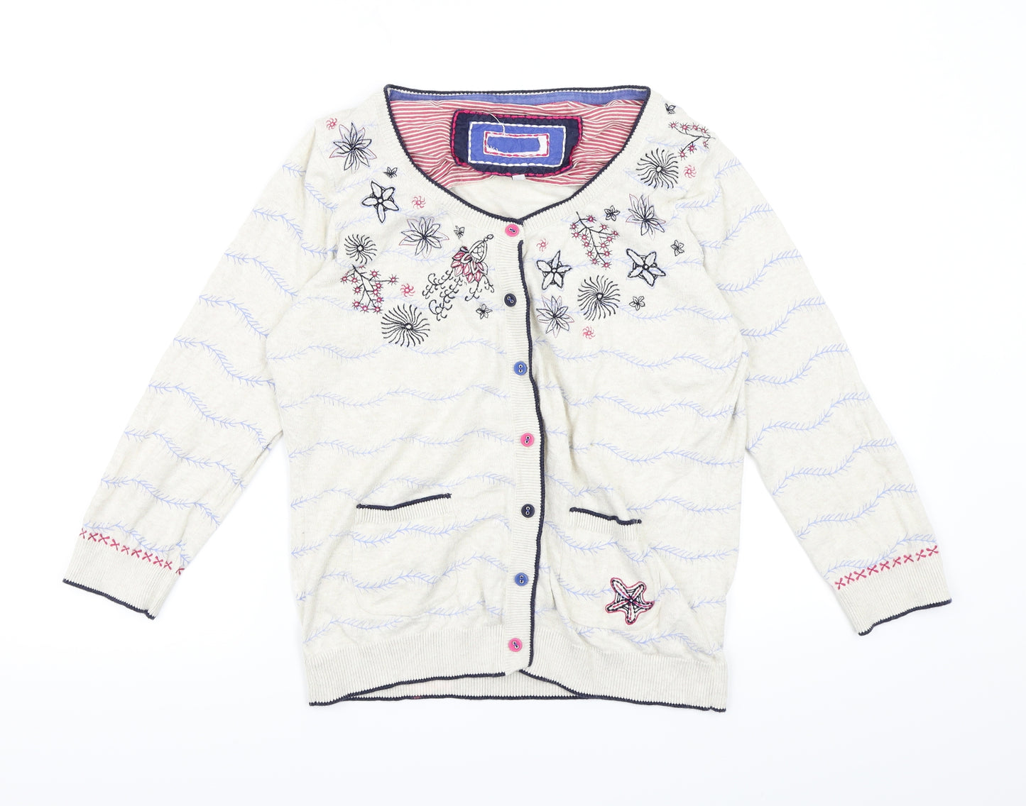 Preworn Womens Beige Floral Knit Cardigan Jumper Size 12