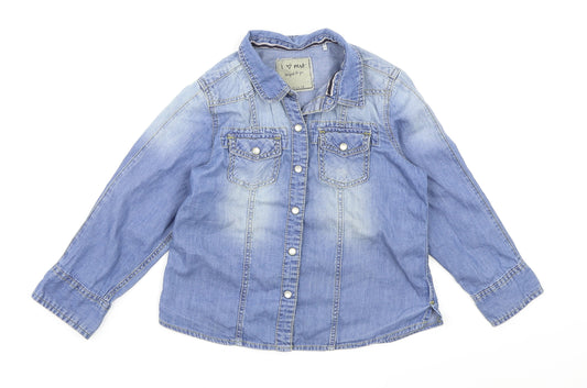 Front view of Next boys’ blue denim basic button-up, size 4, years