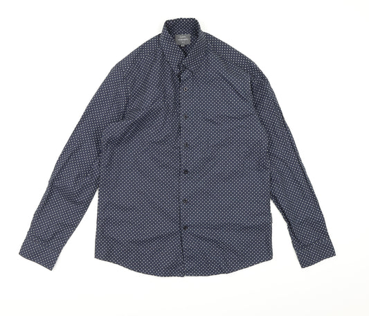 Front view of Peter Werth men’s blue polka dot button-up, size M