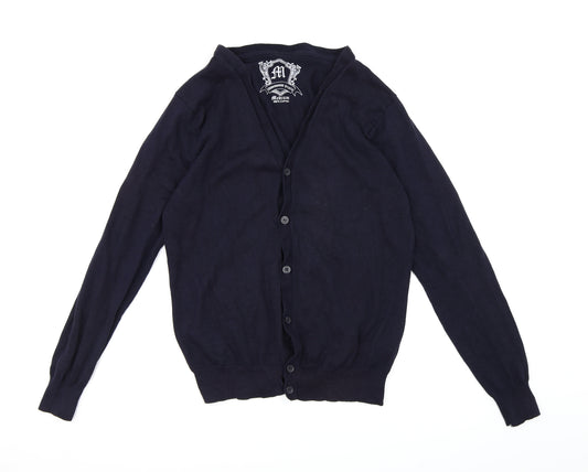 Front view of Cedarwood State men’s blue knit cardigan jumper, size M