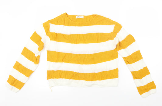 Front view of H&M girls’ yellow striped knit jumper, size 15, years