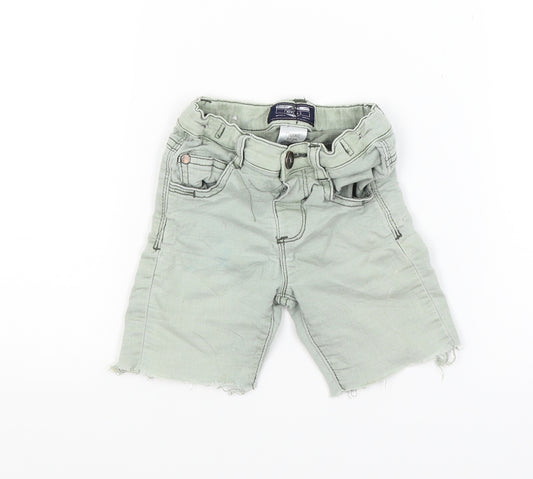 Front view of Next boys’ green denim chino shorts, size 2-3, years