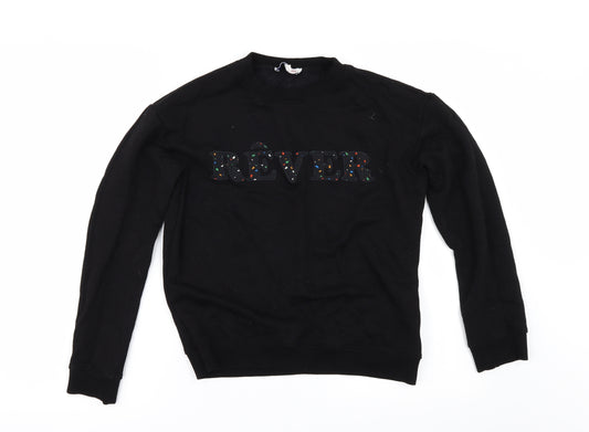 Front view of La Petite Francaise women’s black pullover sweatshirt, size M, - rever