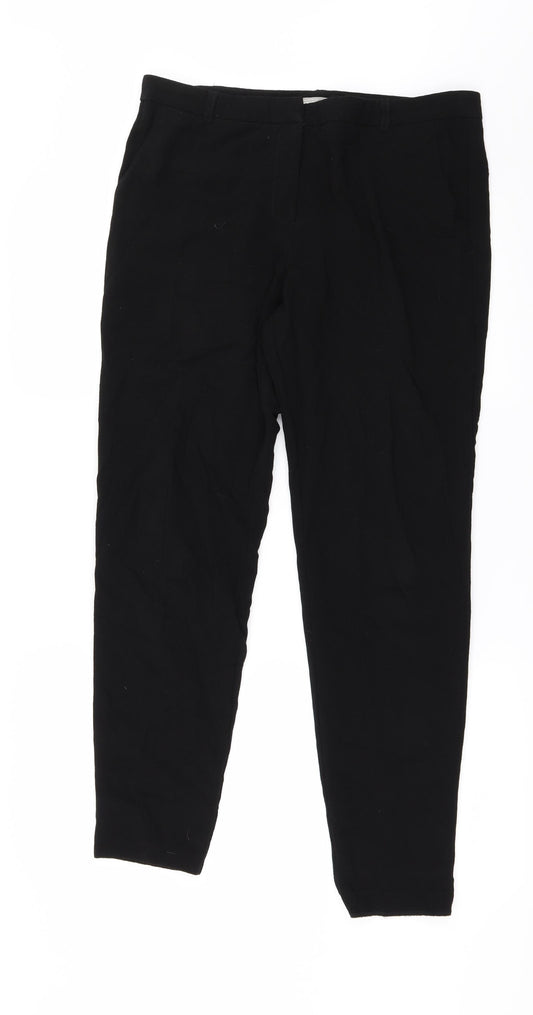 Front view of ASOS women’s black trousers, size UK 12, 27-inch leg