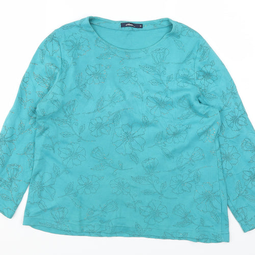 DASH Womens Blue Floral  Basic T-Shirt Size 14