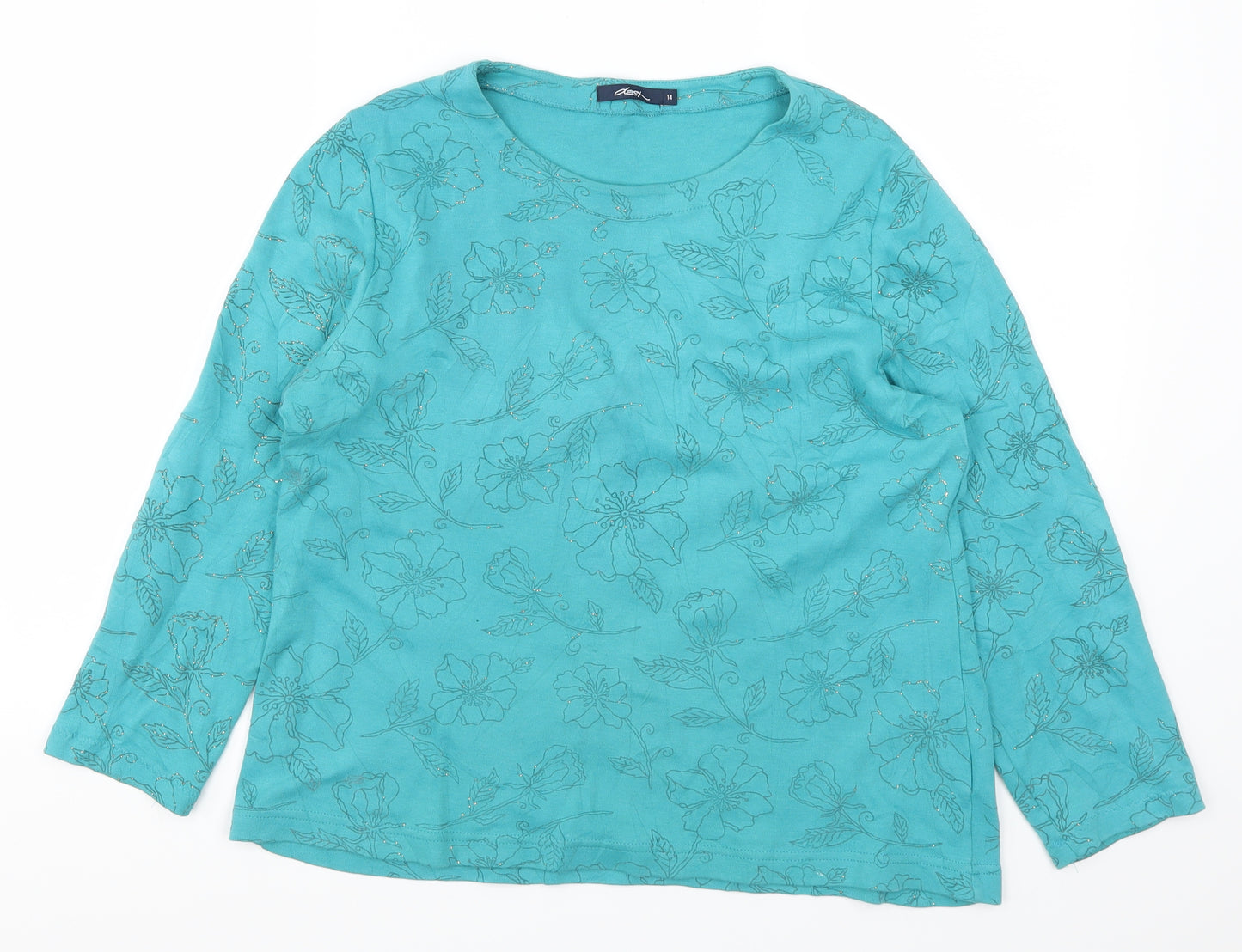 DASH Womens Blue Floral  Basic T-Shirt Size 14