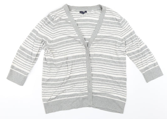 Front view of Gap women’s grey striped cardigan jumper, size XL