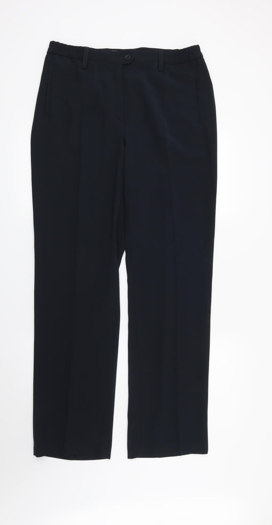 Front view of Preworn women’s blue trousers, size UK 16, 32-inch leg
