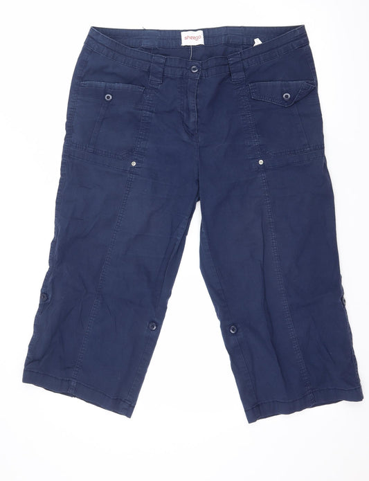 Front view of Sheego women’s blue cropped trousers, size UK 20, 21-inch leg