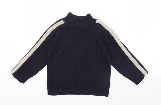 Front view of BHS boys’ blue striped jumper, size 6, years