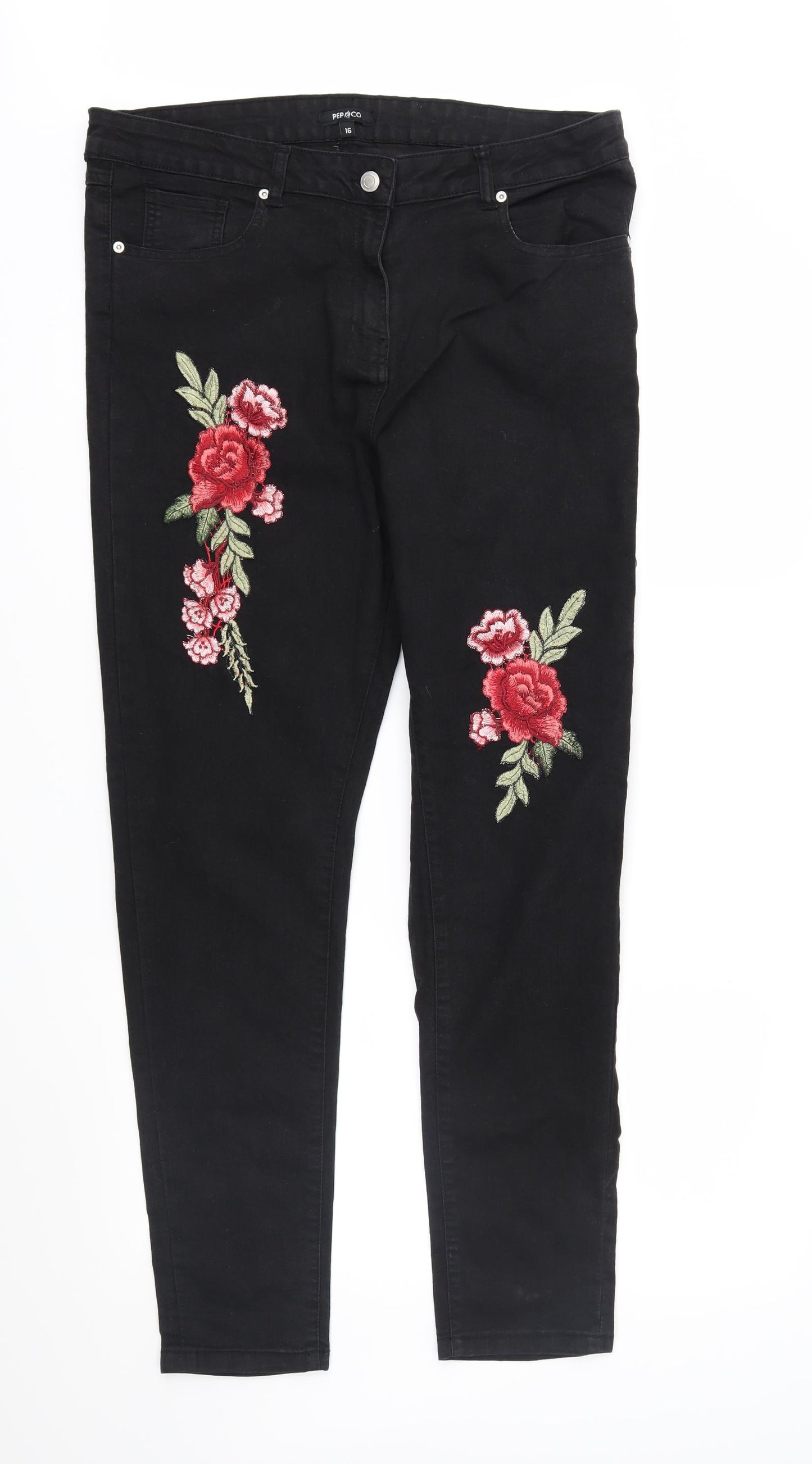 Pep&Co Womens Black Floral Denim Straight Jeans Size 16 L29 in