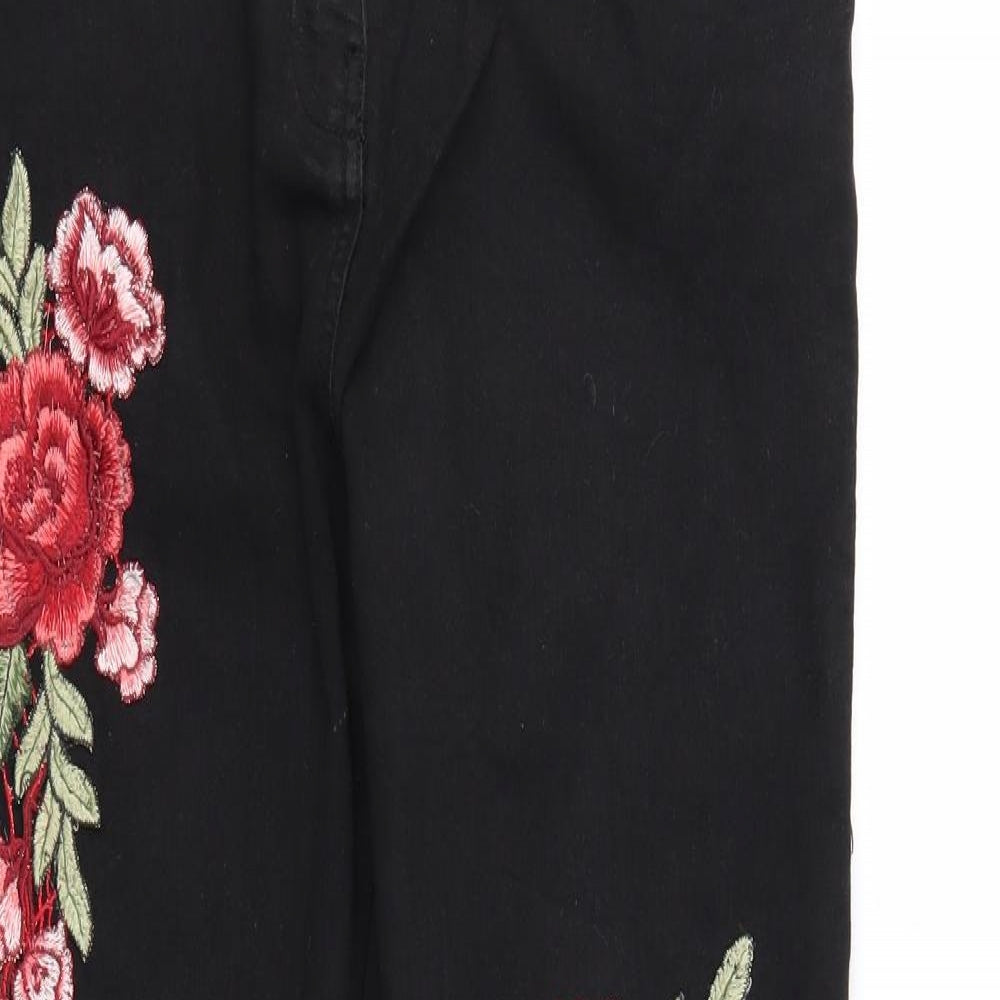 Pep&Co Womens Black Floral Denim Straight Jeans Size 16 L29 in