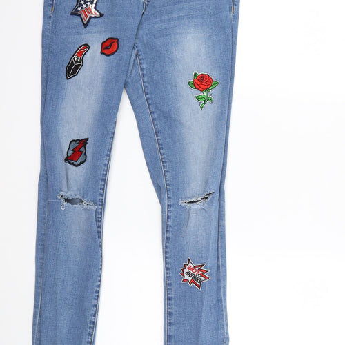 Brave Soul Womens Blue Floral Denim Skinny Jeans Size 12 L29 in
