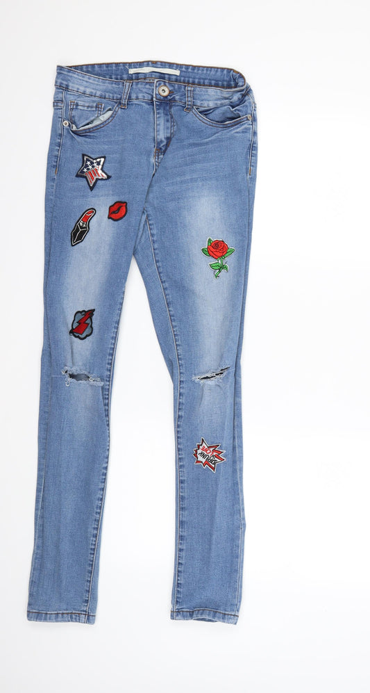 Front view of Brave Soul women’s blue floral denim skinny jeans, size UK 12, 29-inch leg