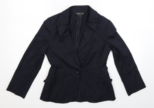 Front view of Indivia women’s blue striped jacket suit jacket, size UK 10