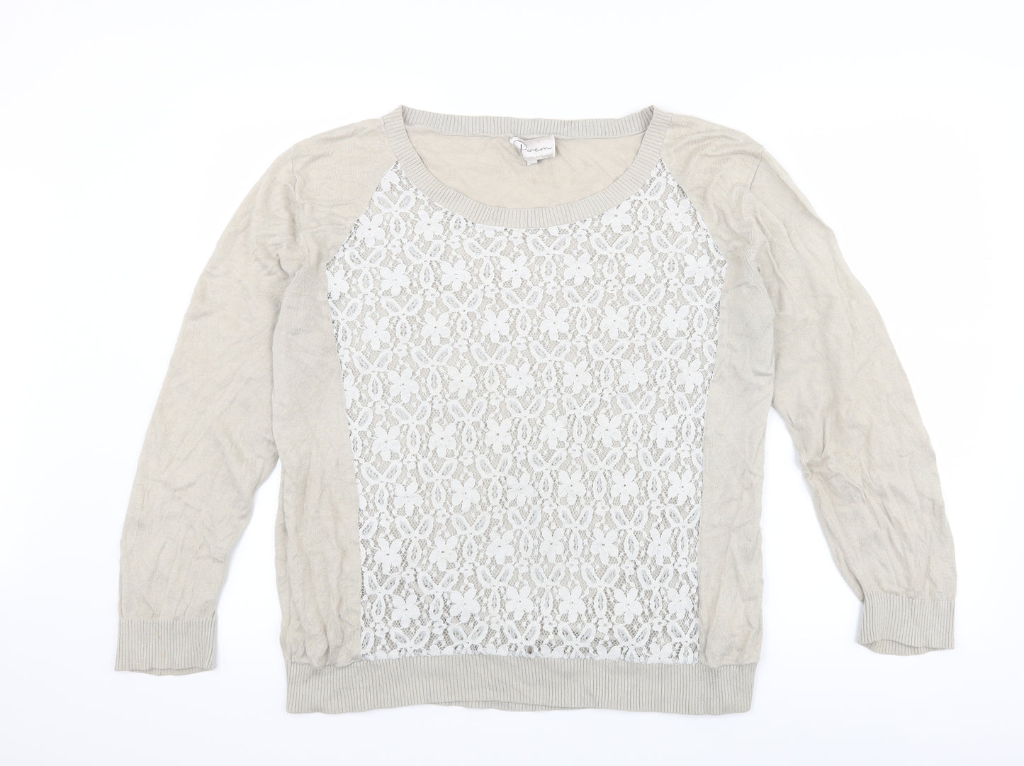 poem Womens Beige   Pullover Jumper Size L  - Lace Detail